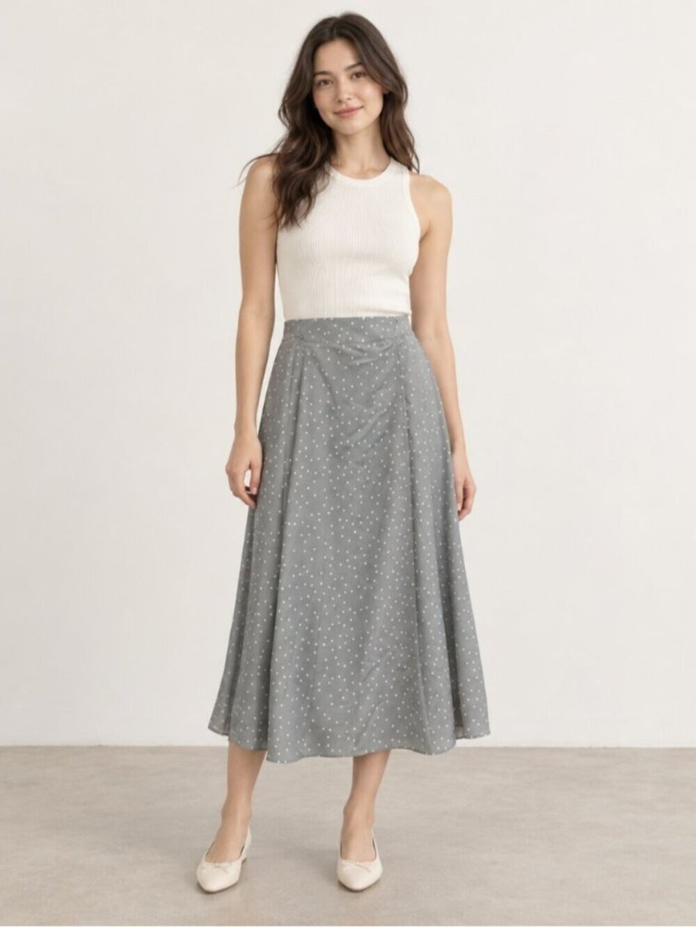 Oak + Fort Grey Polka Dot Draped Midi Skirt Size Small 0863